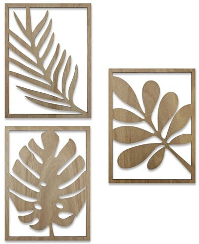 Huakaile 3 Packs 11.81'' x 8.66''/30 x 22 CM Tropical Wall Art Decor, 3D Leaf Wooden Carved Wood Wall Art Sculpture for Living Room Bathroom Bedroom Home Rustic Decorations (Light Brown)