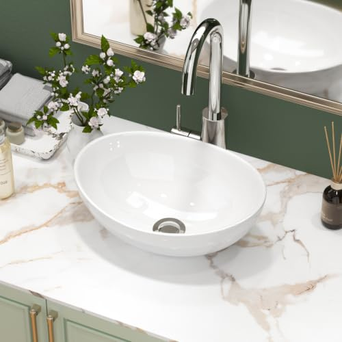 Sarlai Countertop Bathroom Sink, Ceramic Vessel Wash Basin 40x33x14.5cm | Above Counter Bathroom Basin, Modern Oval Wash Hand Basin, Scratch-Resistant Gloss Surface, Sinks for Cloakroom, Lavatory