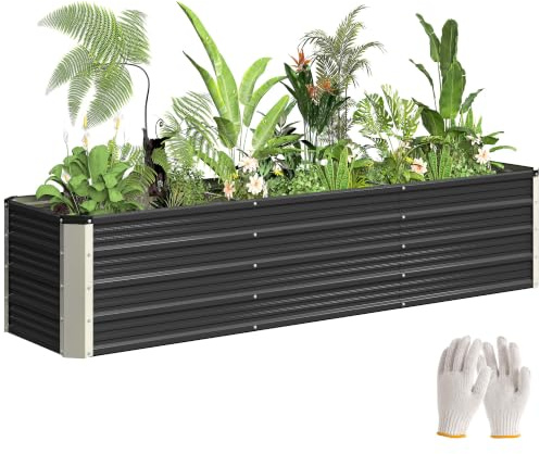Outsunny Jardinière surélevée en Acier avec Gants 183x47x40 cm Gris | Lit de Jardin, Carré Potager de Jardin pour Fleurs, Herbes, Légumes