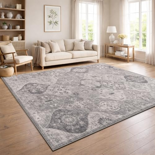 Paco Home Vintage Wohnzimmerteppich Kurzflor Boho Stil Waschbar & rutschfest pflegeleicht modernes Retro Design, Farbe:Grau 1, Größe:200x280 cm