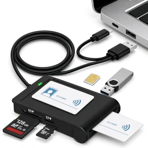 Kartenlesegerät Personalausweis mit NFC, USB A & C für Bankkarten SD TF SIM | Kontakt + kontaktlose Chipkartenlesung, USB A & C, SD/TF/SIM Lesung, Plug & Play, Multi-System Kompatibel
