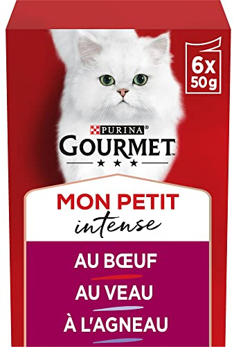 GOURMET Mon Petit Intense - pâtée Chat Émincés Viandes en Sauce - 48 x 50 g | Nourriture Chat en Sauce au Bœuf, Veau, Agneau - Sachets fraîcheur en portions individuelles sans additifs - Repas Chat