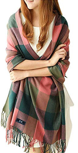 Damen Schal - Kariert übergroßer XXL Winterschal Deckenschal Weich Warm Herbstschal Kariert Karo Tartan Streifen Fransen Poncho, Rote, M