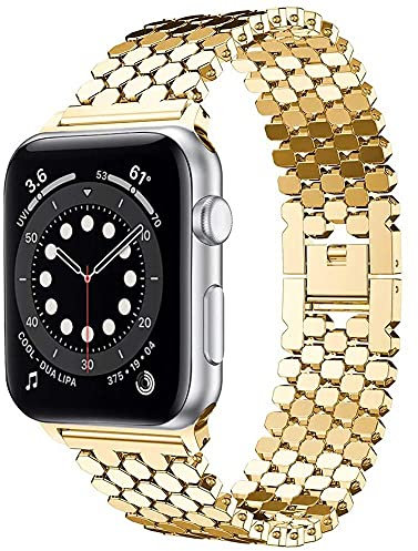 Metallarmband für Apple Watch, 38 mm, 40 mm, 41 mm, 42 mm, 44 mm, 45 mm, 49 mm, Fischschuppen-Muster, Edelstahl-Gliederarmband für Apple Watch Series 8 Ultra 7 6 SE 5 4 3 2 1, Gold 38 mm 41 mm