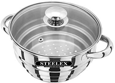 Stainless Steel Multi Steamer Insert with Glass Lid for 16/18/20cm Pots Pans Casserole Universal Steamer Insert Basket Mirror Polished