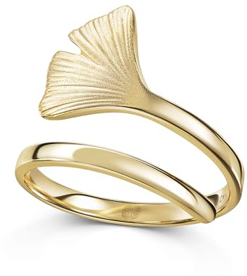 Goldener Ginkgo-Ring aus 925 Silber mit Ginkgo-Blatt als Motiv, hochwertig von Hand angefertigt, made in Germany mit goldener Oberfläche, Größe anpassbar und flexibel (62)
