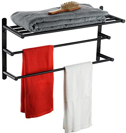KOKOSIRI Doppelte Handtuchstange mit Ablage, 3 Etagen, Handtuchhalter mit einzelner Handtuchstange, Badezimmer-Handtuchhalter, Aufbewahrung, Organizer, Wandmontage, Edelstahl, Mattschwarz, B5003BK