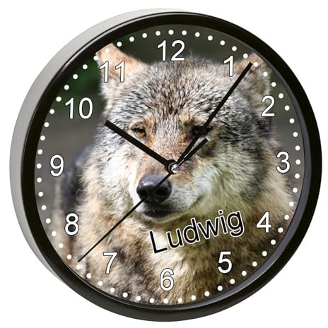 CreaDesign, Wanduhr Kinder personalisiert mit Name, Motiv Wolf, Rahmen Wanduhr schwarz, Ø 19,5 cm