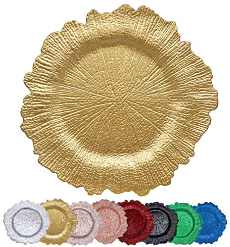 DaCakeWS Gold Reef Charger Plates 10PCS, 13inch Plastic Floral Charger Plates Wedding for Dinner,Wedding,Party,Event,Decoration(Reef Gold10)