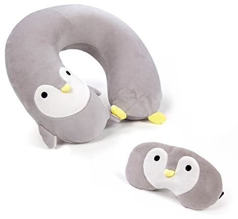 Memory Foam Reisekissen Kinder Nackenkissen Kinder Niedliche Tierform Nackenhörnchen Kopfstütze Baby Reise Schlafkissen mit Augenabdeckung (Grauer Pinguin)