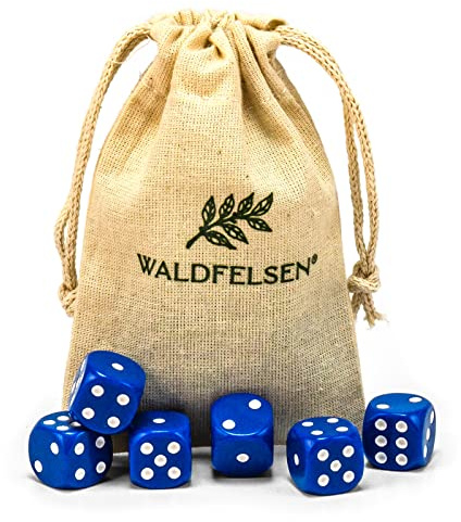 Waldfelsen 6, 12, 20, 30 oder 50 hochqualitative Würfel Standardgröße 16 mm Acrylwürfel Knobel Spielwürfel Dice 6-seitig sechsseitig Spielzubehör Set mit Stoffbeutel (Blau, 6 Stück)