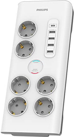 Philips SPN7060WA/10 Steckdosenleiste mit 6 Schuko-Steckdosen, 4 Ports USB 35 W und 1 Typ C, Stromblock, geflochtenes Kabel 2 Meter hochfest, Sicherheitsverschluss (Prot-LED-Anzeige), weiß
