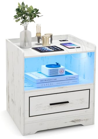 COSTWAY LED Bedside Table, Smart Nightstand Sofa Side Table with Charging Station, Human Body Induction, Drawer and Storage Shelf, Wooden Bedside Cabinet End Table for Living Room Bedroom (1, White)