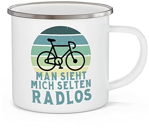 OM3® Fahrrad Emaille-Tasse mit Spruch - man sieht mich selten Radlos | Emailletasse Emaille Becher | 12oz 300ml | Beidseitig Bedruckt | Weiß-Metall