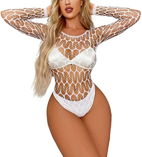 Bommi Fairy Women's Leafnet Bodysuit Fishnet One Piece Sexy Bodycon Sheer See Through Teddy Bodysuit Body Tops Mesh Chemise Babydoll (White)