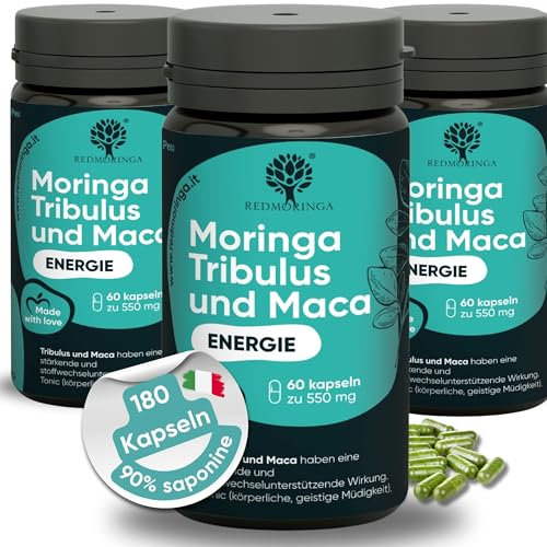RedMoringa Tribulus Terrestris, Maca & BIO Moringa Kapseln - 90% Saponinen Kraft & Testosteron Booster - Unterstützung für Muskelaufbau & Libido | 180 Kapsel