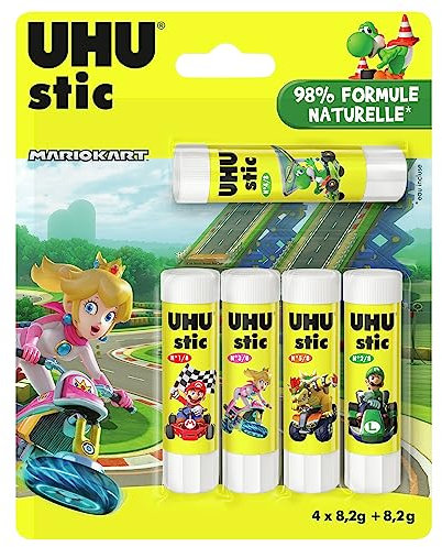 UHU Stic Mario Kart - Bastoncini di colla senza solventi, bianco, Mario Kart, confezione da 4+1 bastoncini da 8,2 g