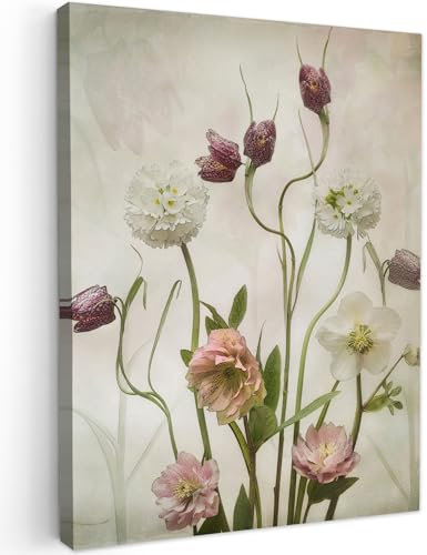 MuchoWow© Leinwandbild 50x70 cm Dekoration Wohnzimmer Vintage Bilder Aufhängen Wall Decoration Living Room Wohnungs Deko Moderne Blumen - Frühling - Garten - Trockenblumen
