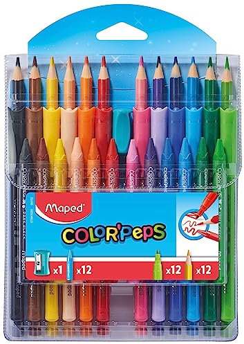 Maped - Combo Color'Peps Color'Peps – 12 Buntstifte + 12 Filzstifte Ocean + 12 Wachs-Kreide + 1 Spitzer