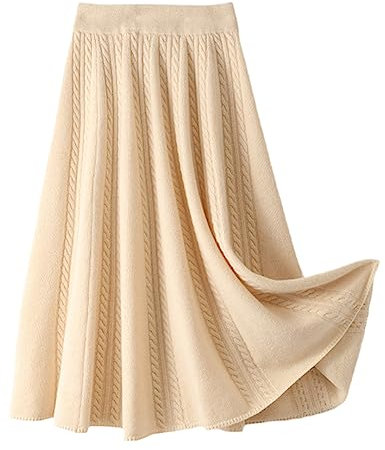 Bollrllr 100% Merino Wolle Hohe Taille Strickrock Frauen 2023 Herbst Mode Plissee Lange Rock, beige, 52