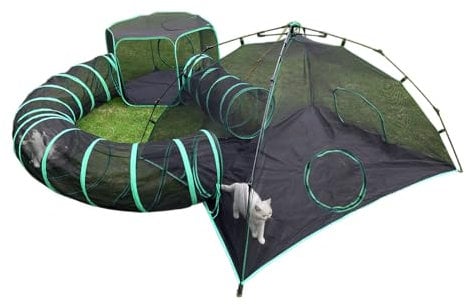 Pawtenda 4-in-1 Katzenzelte für draußen, tragbare Outdoor-Katzengehege für Wohnungskatzen, Katzenspielzelte mit Tunneln für draußen, Outdoor-Catio, Katzenspielplatz inklusive 2 Zelten und 2 Tunneln