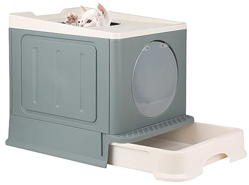 MINGYI Bac à Litière pour Chat Fermée, Grande Maison de Toilette Chat Pliable avec Couvercle, Tiroir à Litière avec Pelle, WC pour Chats, Jusqu'à 7 kg (Gris L 45×34×39 cm)