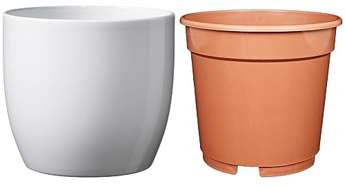 Set - SK Soendgen Keramikübertopf Basel ø19 cm, Weiss glänzend + Kulturtopf ø18, hochwertiges Wohnambiente