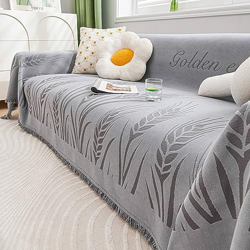 Daesar Couchbezug Eckcouch rutschfest, Bezug für Sofa 2 Sitzer Weizenähre Muster Grau mit Quasten Universal Sofabezug 180x230CM Couch Überwurf Sofaüberwurf