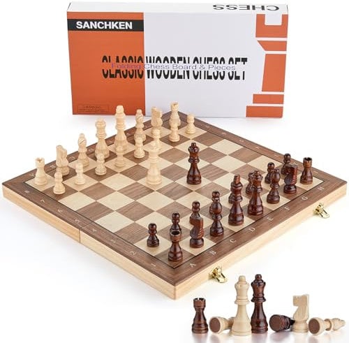SANCHKEN Magnetic Chess Set 15'' Wooden Chess Board Game Set for Adults and Kids, Foldable Chess Board with Storage Slot - 2 Extra Queen (brown-b)