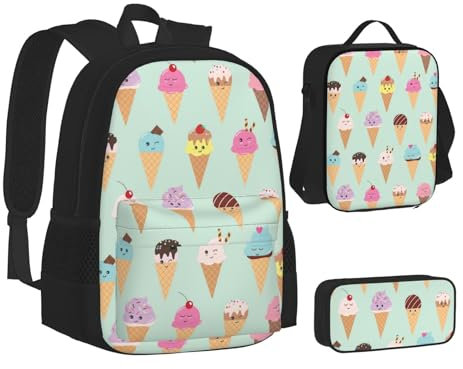 WURTON Büchertasche mit Eistüten-Druck, Lunch-Tasche, Federmäppchen, 3-in-1, Schulrucksack-Set, Kinderrucksack