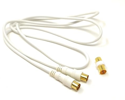 1.5m TV Aerial Coaxial Cable Male to Male, Satellite RF Antenna Coax RG59 Lead Gold Plated Connectors with Female Coupler (Straight, White, 1.5m)