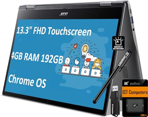 Acer Chromebook Spin 513 - Portátil 2 en 1 (visualización táctil FHD de 13,3 pulgadas, CPU Qualcomm, 4 GB de RAM, almacenamiento de 192 GB (64 GB eMMC+tarjeta SD de 128 GB)) Hogar y estudiante, cámara