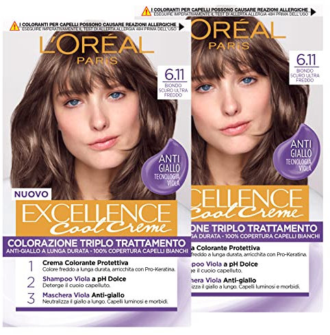 L'Oréal Paris Excellence Cool Creme Permanente Haarfarbe 6.11 Ultra kühles Dunkelblond 3-Fach Pflege Creme Farbe Ultra-Kühle Reflexe Violett-Formel 100% Grauhaarabdeckung - 2 Stück