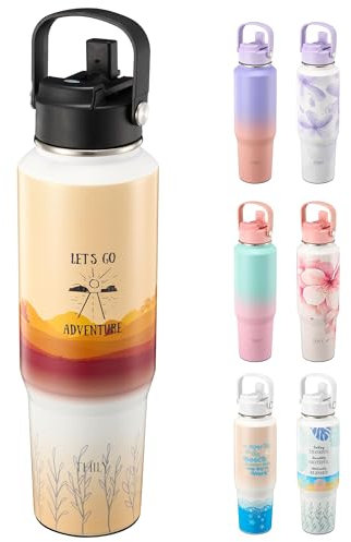 Stainless Steel Insulated Water Bottle - THILY 40 oz Triple Insulated Leakproof Wide Mouth Water Flask with Lid and Straws, Travel Tumbler Fit in Any Car Cup Holder, Powder Coated, Adventure
