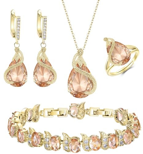EVER FAITH 4 Stück Tropfen Cubic Zirconia Schmuck Set Glamour Anhänger Halskette Ohrringe Tennis Armband und Offener Ring für Damen Hochzeit Party Braun Gold-Ton