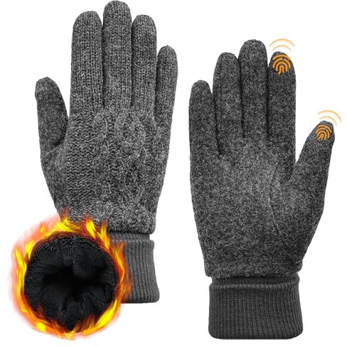 ACUSHLA-Handschuhe aus Merinowolle für Männer und Frauen – Fleecegefütterte, schwere, warme Touchscreen-Handschuhe für kaltes Wetter im Winter, weiche, thermische Strickhandschuhe Dunkelgrau L