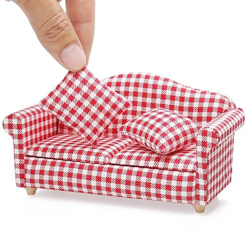 Odoria Puppenhaus Sofa Couch Miniatur: 1/12 Maßstab Liebesbank für Wohnzimmer Schlafzimmer Rustikal Landhaus - Mini Möbel Mit Kissen Karomuster Rot