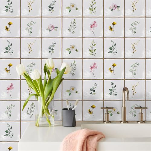 Fliesenaufkleber Minimalistische Blumen Küchenrückwand,Wasserdicht Ölfest ​Klebefliesen Küche Fliesenaufkleber Bad,Fliesenfolie 3D Wandpaneele Selbstklebend 20 PC(15x15cm)