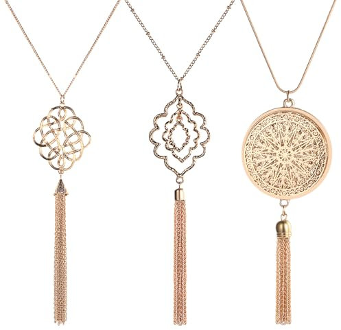 JewelryWe 3er Set Lange Halsketten für Damen: Mode Anhänger Kette Lange Pullover Halsketten Set Golden Keltische Knoten Blume Runde Kreis Quaste Y-Halskette Schmuck-Set Statement Halskette