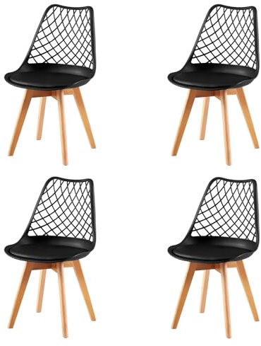 EGGREE Lot de 4 Chaises de Salle à Manger en Creux Scandinaves Testées SGS, 2 Chaises Creusée de Cuisine Rétro à Coussin, Motifs ajourés sculptés Chaises évidée de Bureau Pieds en HêTre Massif - Noir
