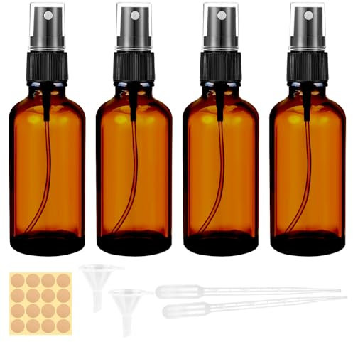 Maxmoc 50ml Braunglas Sprühflasche, 4 Stück Sprühflasche Klein Glas, Nachfüllbar Zerstäuber Sprühflasche mit Trichte, Tropferr und Etiketten für Wasser Alkohol Kosmetik Parfüm Aromatherapie