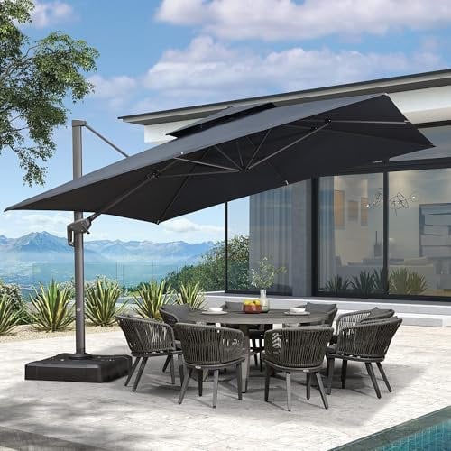 PURPLE LEAF 3.65 X 3.65 M Grey Frame Garden Cantilever Parasol, Large Square Garden Parasol with Crank Handle and Tilt for Balcony and Outdoor, Grey