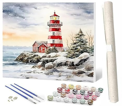 SOWBIL Malen Nach Zahlen Schnee-Leuchtturm-7 DIY Handgemalt Ölgemälde Leinwand Kits 3 Pinsel und Acrylpigment für Frauen Home Deko Geburtstag Weihnachten Geschenk 40 x 50 cm