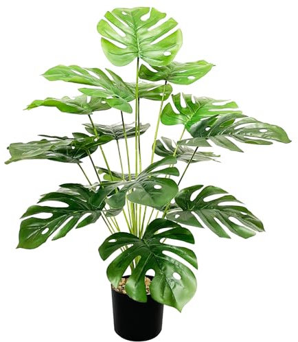 Zelihrdu Realista Planta Artificial con Maceta Plantas Artificiales Decorativas 18 Hojas Altas Palma Árbol Artificial Decoración para Interior Exterior Casa Salón Oficina (Palmera Monstera 75cm)