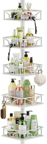 Mutool Adjustable Shower Shelf, Telescopic Shower Caddy with Hooks, No Drilling Corner Shower Shelf with 5 Trays, Rustproof Bathroom Organizer from 157 to 294 CM, White