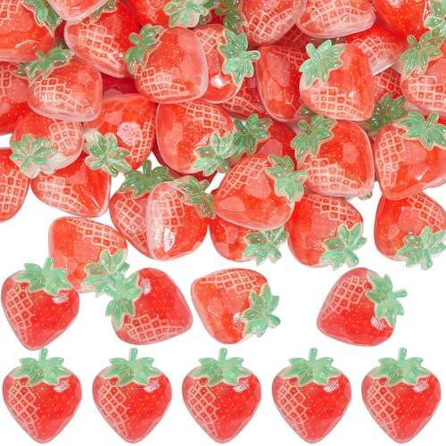 SUNNYCLUE 60 Stück Erdbeer Cabochons Obst Harz Charms Lose Flache Rückseite Rote 3D Früchte Erdbeeren Kleine Dekorationen Cabochon Charm Für Heimwerker Schmuckherstellung Verzierung Scrapbooking Zubeh