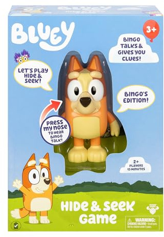Bluey Hide & Seek Game with Bingo Figure, Timer & Sounds | Press Bingo's nose to start the timer, she talks and giggles to help kids find her; kids toys ages 3+