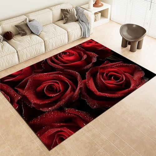 Teppich Rot Dekor Teppich Kinder Wohnzimmer Teppiche 180 x 240 cm Indoor Bodenmatte Valentinstag Tautropfen Rosen Kurzfloriger, moderner maschinenwaschbarer Rutschfester Heimteppich