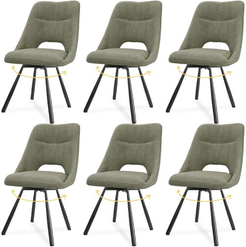 LEWE Esszimmerstühle drehbar 6er Set, Automatisch zurückkehrender Sitz, 180° Drehstuhl, Ergonomischer Polsterstuhl, armlos, Esszimmer Wohnzimmer Schlafzimmer, Kaschmir-Stoff - Graugrün