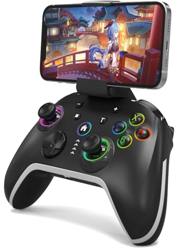 Bcofo Wireless Mobile Gaming Controller for iPhone/Android/Switch/Laptop, Wired Control for PC/Steam, Programmable Game Gamepad with Phone Clip for Gamer, with RGB Lighting Effect/Turbo/Vibration